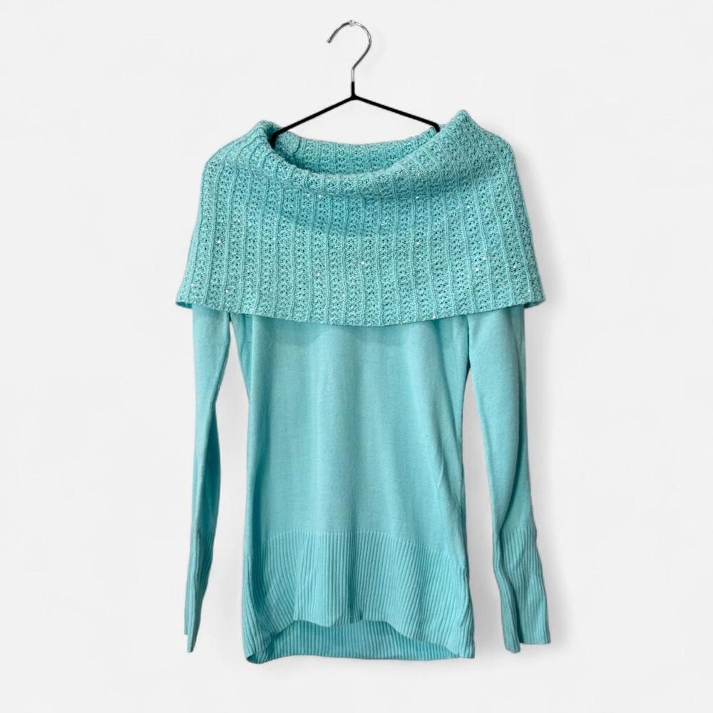 Y2K aqua marine sequin off the shoulder crotchet knit sweater NY & Company